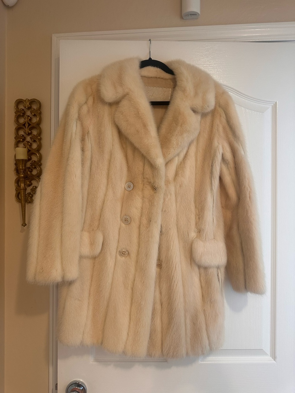 Vintage Sakowitz Cream Mink Fur Coat Leather Detail Size S
